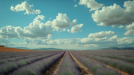 Obraz premium Scenic view of blooming lavender fields with fluffy clouds drifting across a vibrant blue sky