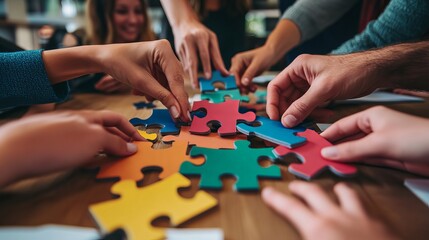A team of workers works together to solve a puzzle during a company meeting. This symbolizes finding solutions as a team. The banner shows happy employees playing a game,