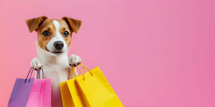 Cute puppy holding shopping bag isolated on the pibk background. with copy space. Banner for Black Friday at the pet supply store. Delivery concept. Christmas or New Year gift. 