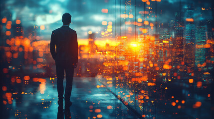 Silhouette of a man in a suit looking out at a city skyline.