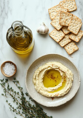 Olive Oil, Hummus, and Crackers on a White Marble Background