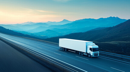 White semi-truck driving down a highway through a mountain range.