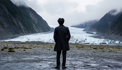 Solitude and Majesty: A Man Gazes at a Glacier