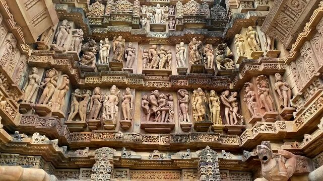 Exotic sculptures on the wall of Lakshmana temple in khajuraho, madhya pradesh, India.Unesco world heritage site.