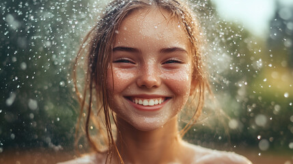 Obraz premium Cute Freckled Girl Smiling While Being Sprayed with Mist
