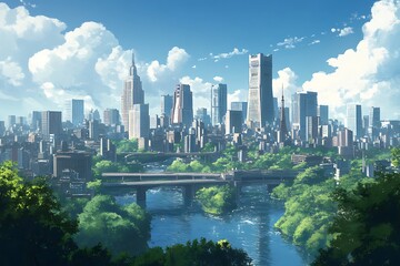 Naklejka premium Anime style cityscape with skyscrapers, bridge, and river under blue sky with fluffy clouds