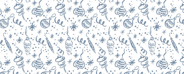 New Year, snow frost pattern with snowflake and Christmas tree toys. Vector seamless winter festive background. For cards, banners, wrapping paper.