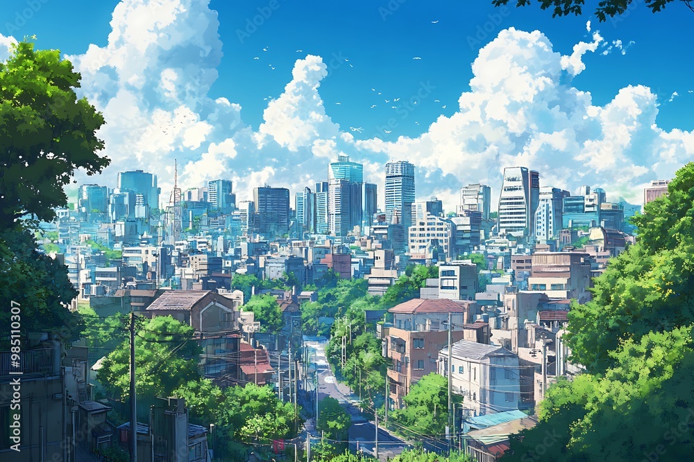 Canvas Prints Anime Style Cityscape with Fluffy Clouds and Lush Greenery