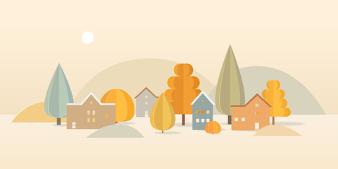 Autumn landscape with trees and houses in paper cut style. Vector banner.