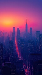 Fototapeta premium Sunset skyline towers silhouetted against colorful sky creating stunning view wallpaper