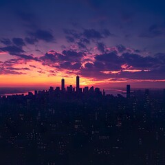 Fototapeta premium Silhouetted towers at sunset over city skyline stunning colorful sky wallpaper