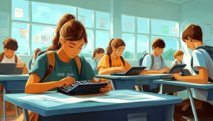 Fototapeta premium A classroom scene with kids working on math problems, using calculators and worksheets, showcasing a productive learning environment