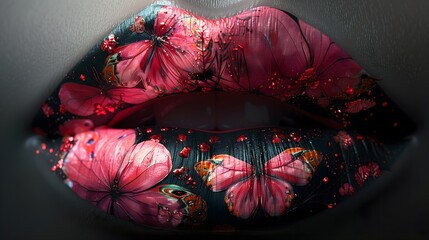 a woman's lips with black and pink butterfly lipstick