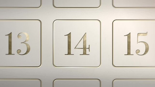 Advent Calendar door reveal Number 14, white cream gold, Christmas door green screen sting transition animation