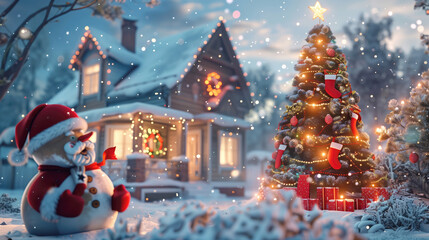 Christmas tree and snowman near country house. New year sculpture and fir tree decorated with garlands. Christmas landscape with cozy cottage