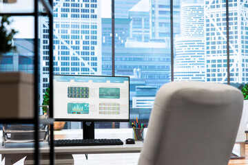 Obraz premium Empty modern office setup with advanced technology enhances productivity, helping professionals focus on financial strategies, performance metrics and global business objectives.