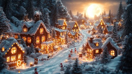 A village of intricately detailed gingerbread houses covered in frosting and candy, set against a snow-covered landscape with twinkling lights, snowmen, and a glowing full moon in the background., ult