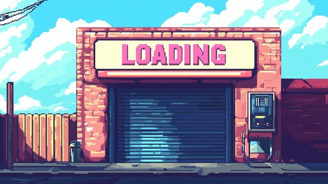 A pixel art animation of a "LOADING" screen, designed in retro 8-bit style, ideal for game assets in vintage arcade illustrations