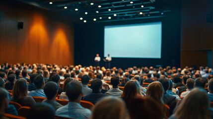 A corporate seminar with keynote speakers, audience engagement, and professional setup.