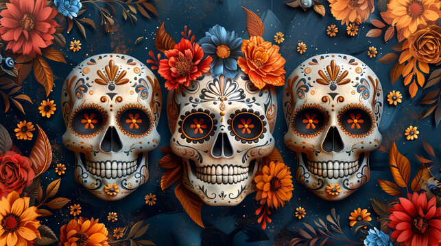 Festive Dia De Muertos pattern background with flowers