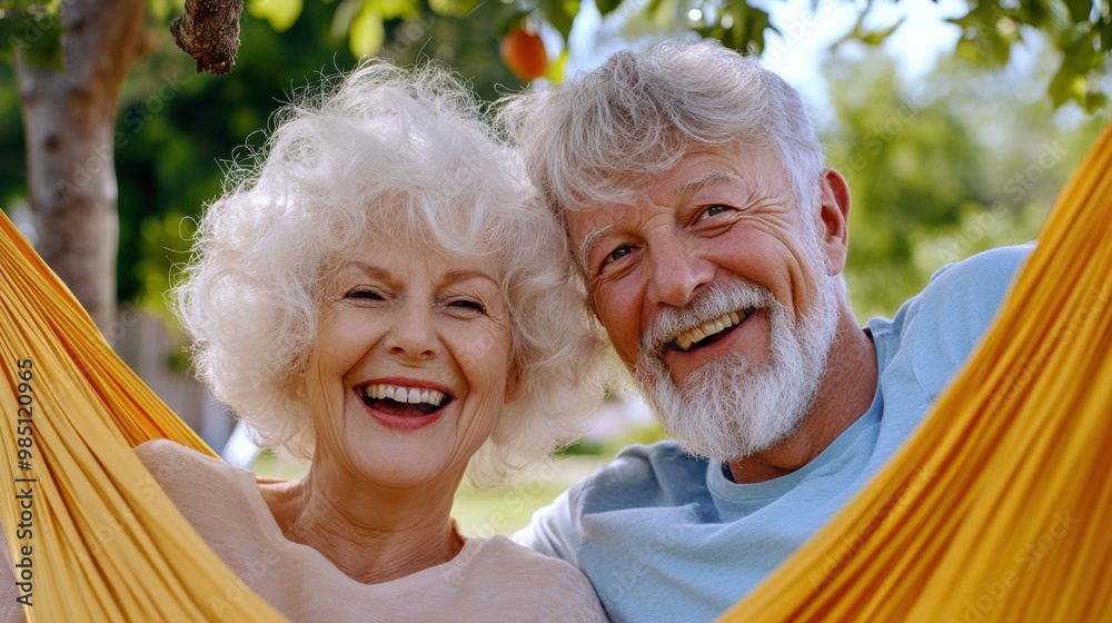 Canvas Prints A couple of a man and woman are smiling while in the hammock, AI