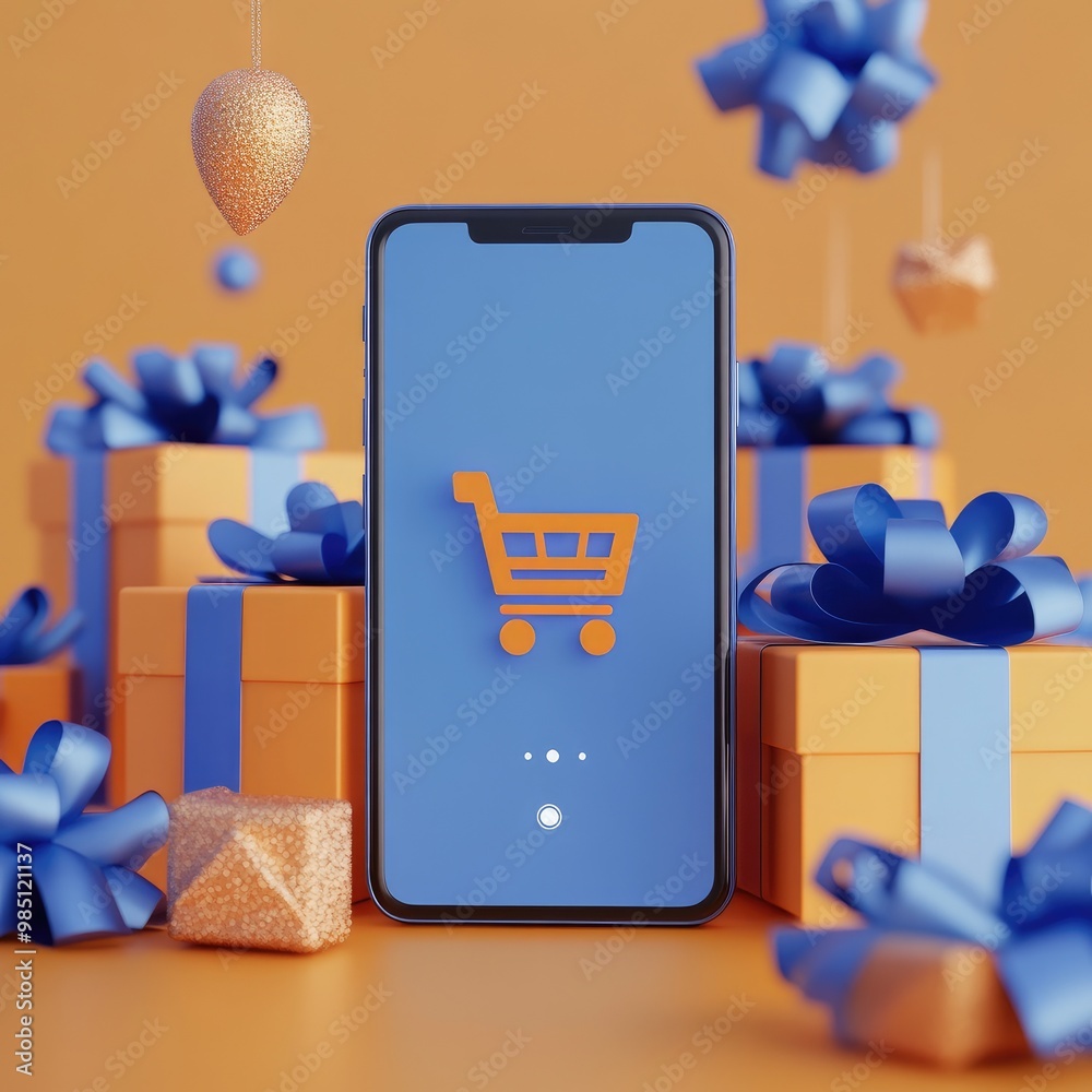 Poster Smartphone with shopping cart icon surrounded by presents on an orange background.