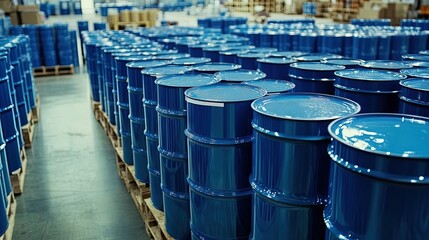 Close-up of blue barrels in a large industrial warehouse