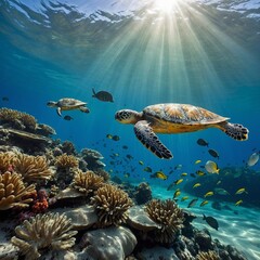 Sea Turtles Swimming Gracefully in Clear Ocean Waters