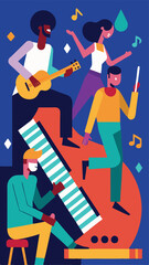 Musicians, musical instruments and dancers at a music festival. Vector trendy modern illustration of man playing synthesizer or piano, drummer with drums, guitarist with guitar, dancing couple isolate