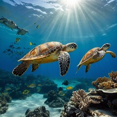 Sea Turtles Swimming Gracefully in Clear Ocean Waters