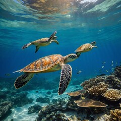 Sea Turtles Swimming Gracefully in Clear Ocean Waters