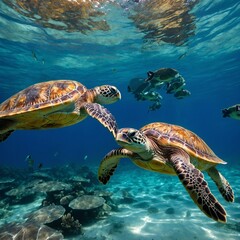 Sea Turtles Swimming Gracefully in Clear Ocean Waters