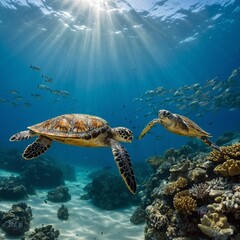 Sea Turtles Swimming Gracefully in Clear Ocean Waters
