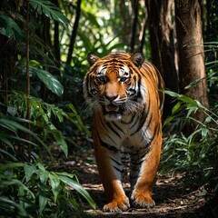 Tiger Stealthily Hunting in Dense Jungle