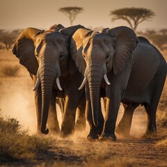 Herd of Elephants Walking Together Across the African Savannah