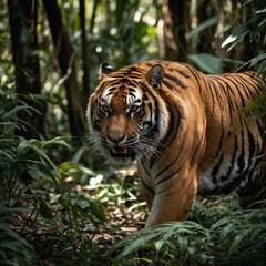 Tiger Stealthily Hunting in Dense Jungle