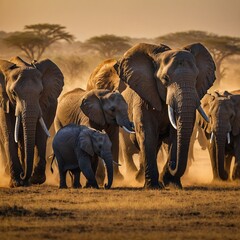 Herd of Elephants Walking Together Across the African Savannah