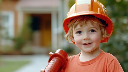 A young boy wearing a hard hat and holding an orange hose, AI