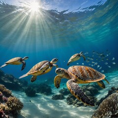 Sea Turtles Swimming Gracefully in Clear Ocean Waters