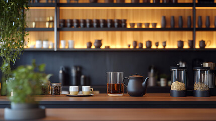 A contemporary tea bar with an array of tea types, modern teapots, and sleek teacups.