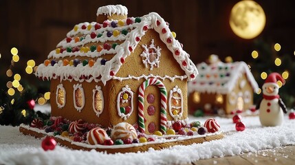 A village of intricately detailed gingerbread houses covered in frosting and candy, set against a snow-covered landscape with twinkling lights, snowmen, and a glowing full moon in the background., ult