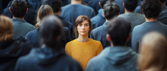 Young Caucasian woman in a yellow sweater standing out among a crowd of people wearing grey, symbolizing individuality and nonconformity.