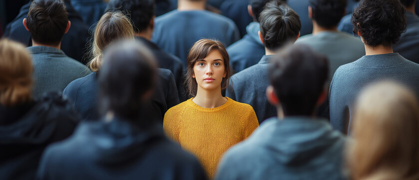 Young Caucasian woman in a yellow sweater standing out among a crowd of people wearing grey, symbolizing individuality and nonconformity.