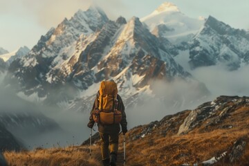 A person is walking on a muddy path in the mountains, generative ai image