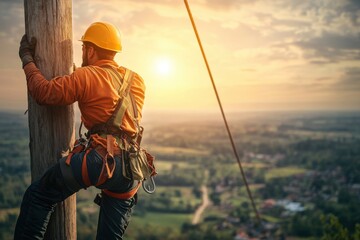 Lineman Climbing Utility Pole At Sunset Wearing Safety Gear In Rural Landscape