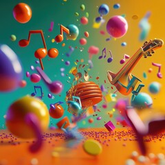 Colorful 3D illustration of music notes, guitar, and spheres.