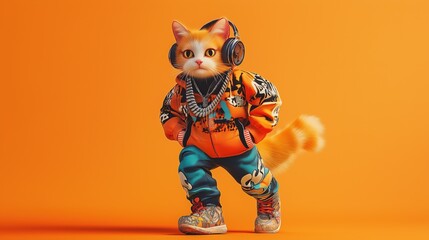 Stylish Hip-Hop Calico Cat in Tracksuit Jacket and Graffiti Sneakers Against Solid Background