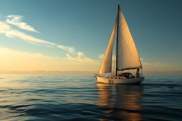 Fototapeta premium Sailboat Sailing on Calm Ocean Water at Sunset