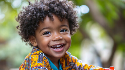 cute happy young black boy with curly hair in park