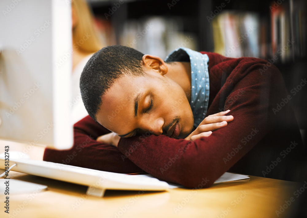 Leinwandbilder man, university student and sleeping with computer at library with burnout or tired with research fo